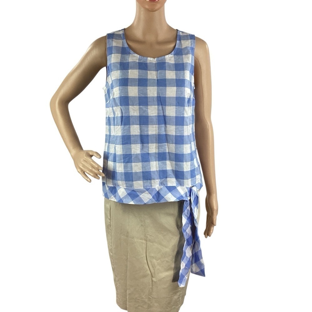 J.Crew Factory Printed Tie-Waist Linen Cotton Top Blue White Gingham Size 2